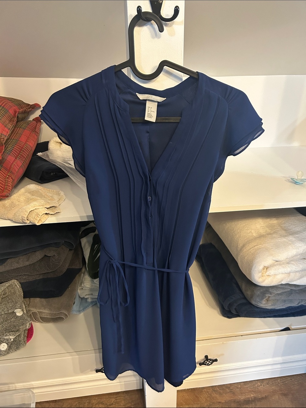 H&M Navy Blue Short-Sleeve Tie-Waist Pleated Mini Dress